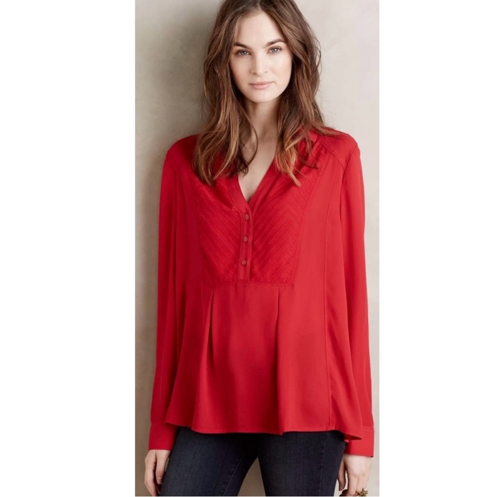 Maeve Anthropologie Red De Stijl Blouse Pleated Long Sleeve women size 4 (Small)